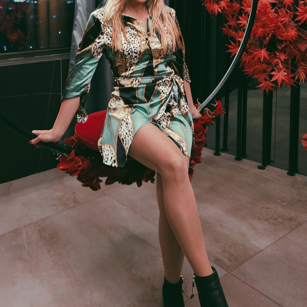 Green and black satin dress